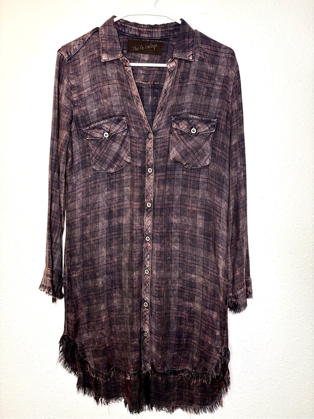 The Nu Vintage Black Purple Plaid Tattered Hem Tunic Shirt Dress M